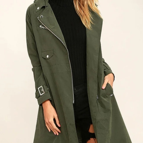 Obey green trench coat - detailed shiny obey buttons and silver hardware - Picture 2 of 10